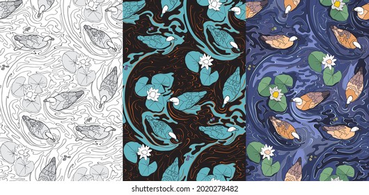 Ducks swimming in the lake with water liliesю. Seamless vector pattern for printing on fabric, clothing and paper.