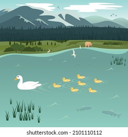 Ducks and various animals swimming in the river. Vector landscape drawing.