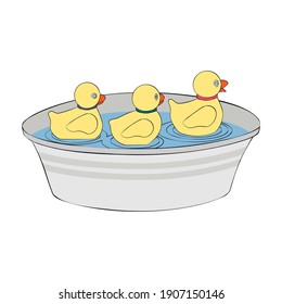 Ducks in a washing bowl - hand drawn vector illustration isolated on white.