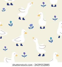 ducks wearing boots seamless pattern  with flowers and leaves on yellow gray background , vector illustration 