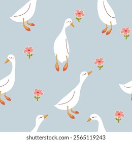 ducks wearing flat shoes and flowers  seamless pattern , vector ,illustration