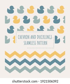 Ducks and zig zag chevron seamless patterns. Two colorful pattern designs with duckling for kids and baby, for paper or print.