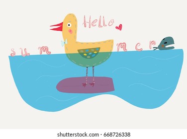 A Ducky is Playing on a Surfboard in the Ocean.