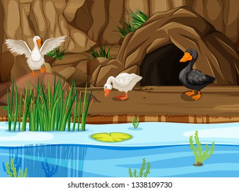 ducsk in cave scene illustration