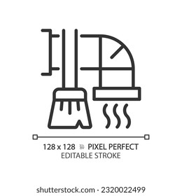 Icono lineal de limpieza del conducto. Mejora de la calidad del aire. Mantenimiento de Hvac. Servicio de limpieza profesional. Ventilación de aire. Ilustración de línea delgada. Símbolo de contorno. Dibujo del contorno del vector. Trazo editable