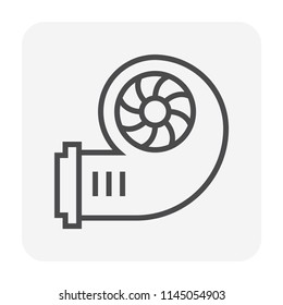 Duct fan icon. Device for producing airflow for cooling. Consist of a rotating arrangement of vanes or blades connect with electric motor. Also using in ventilation system of building. Vector icon.