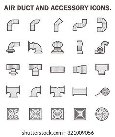 Duct Pipe And Part Icon Such As Connector, Fitting, Fan, Vent, Tape, Exhaust And Grill Vector Icon Set Design For Air Distribution Around Building Vector Icon Set Design.