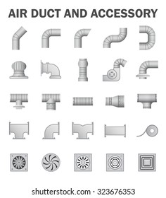 Duct pipe and part icon such as connector, fitting, fan, vent, tape, exhaust and grill vector icon set design for air distribution around building vector icon set design.