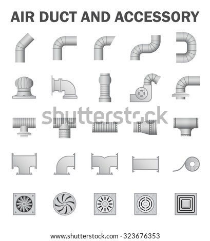 Duct pipe and part vector icon i.e. connector, fitting, fan, tape, exhaust hood and grill for installation in pipeline of hvac system, air conditioning, distribution and ventilation in building.