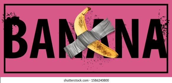 Duct tape Banana on a pink background. Art installation at gallery wall. banana on the wall taped. The text BANANA. vector illustration for t-shirt print