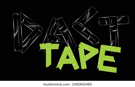 Duct tape font design on black background. Crumpled set of letters of the alphabet of adhesive tape. 3d realistic wrinkled scotch patches, typography stamp letter vector