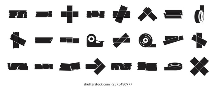 Duct tape icons set. Set of black duct tape strips in different positions, adhesive roller, and pieces for fixing and gluing