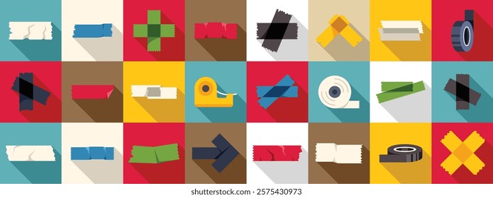 Duct tape icons set. Collection of colorful adhesive tapes, including masking tape