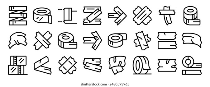 duct tape icons set. Set of different types of adhesive tape rolls and pieces for packaging and repairing