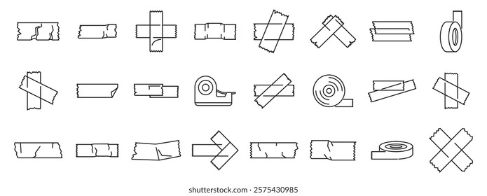 Duct tape icons set. Set of minimal adhesive tape icons, showcasing various shapes and styles, including a tape dispenser, for packaging or repair concepts