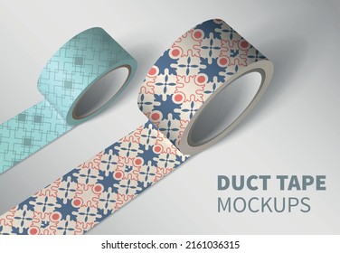 Duct tape mockup realistic composition with white background editable text and two ornate rolls of tape vector illustration