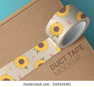 Duct tape mockup realistic composition with cardboard background editable text and tape roll with sunflower images vector illustration