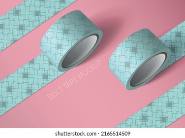 Duct tape mockup realistic composition with text on pink background and rolls of ornate colored tape vector illustration