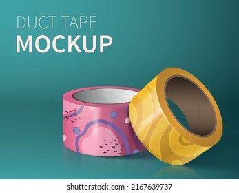 Duct tape mockup realistic composition with editable text and two rolls of festive ornate adhesive tape vector illustration