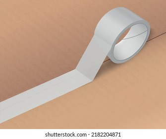 Duct Tape Mockup Realistic Composition With View Of Package Cover And Roll Of Silver Scotch Tape Vector Illustration