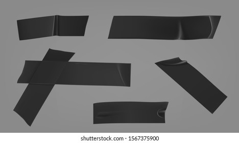 Duct tape pieces. Insulating black adhesive stripes attached with wrinkles. Vector realistic set of sticky scotch for fix, repair or packaging isolated on gray background