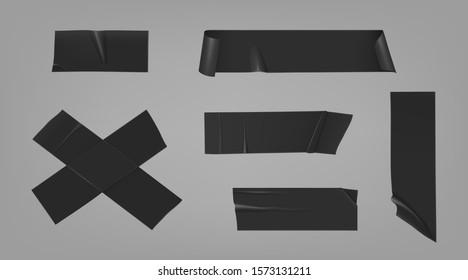 Duct tape pieces. Insulating black adhesive stripes attached with wrinkles and unstuck curled edges. Vector realistic set of sticky scotch for fix, repair or packaging isolated on gray background