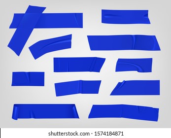 Duct tape pieces. Insulating blue adhesive stripes attached with wrinkles and unstuck curled edges. Vector realistic set of sticky scotch for fix, repair or packaging isolated on gray background