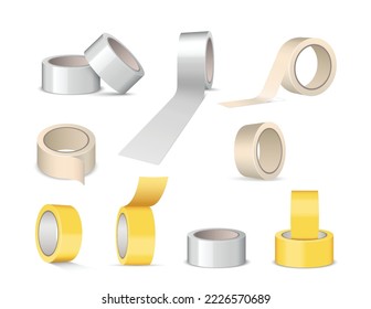 Duct tape rolls set. Realistic white, silver and yellow adhesive ribbon. 3d sticky scotch isolated. Bandage round reels. Stationary or construction tools, office supply. Vector illustration