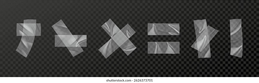 Cinta adhesiva transparente piezas de Vector colección realista. Tiras de cinta adhesiva con bordes rizados.