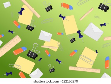 Dud art school theme isolated elements. Ruler, notebook, paper clip, clip for paper and envelope. Vector illustration