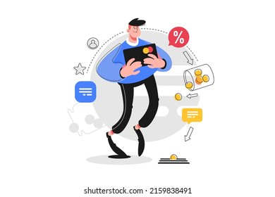 Dude with credit card vector illustration. Man with credit card for online payment and salary flat style. Percent from investment. Money and economy concept. Isolated on white background