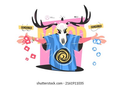 Dude with deer head vector illustration. Man with animal head, likes and followers flat style. Online app, media. Esoterics and shamanism concept. Isolated on white background