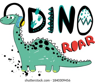 Amigo dinosaurio. Ilustración de dibujo a mano con dino de niños ..  Para papel impreso, ropa de bebé, camiseta, papel para niños o papel de envoltura. Diseño original de chicos creativos 