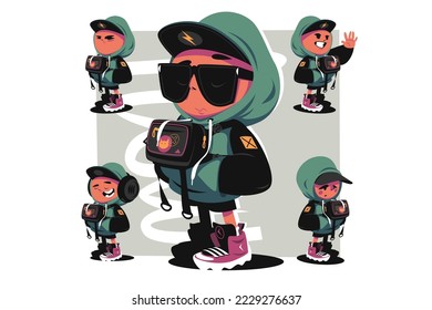 Dude in hooded sweatshirt vector illustration. Stylish guy with different emotions. Cool boy in hoodie and baseball cap