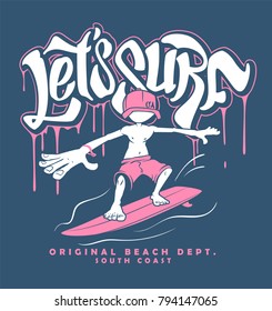 Hergestellt auf Surfbrett und Schrift, Illustration für T-Shirt-Druck.