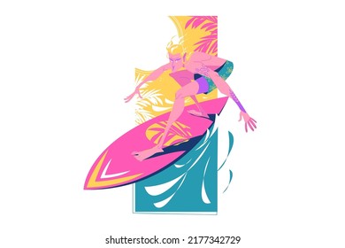 Dude on surfboard in ocean vector illustration. Guy catching high wave on surf flat style. Outdoors activity, sport, surfing concept