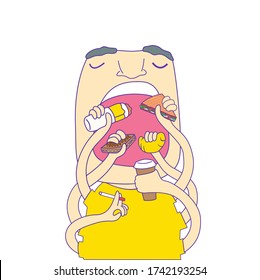 Dude with six hands eats sandwiches burrito drinks coffee and smokes a cigarette .vector image