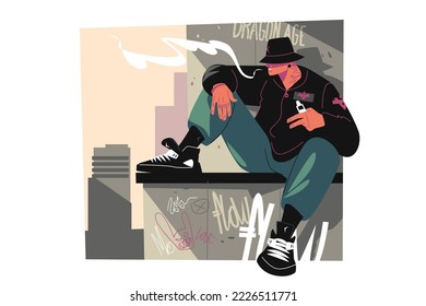 Dude in smoking electronic cigarette vector illustration. Guy sitting on parapet of building flat style concept