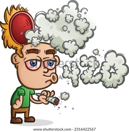 Dude smoking a marijuana joint with an empty skull propped open and pot smoke billowing out while blowing smoke rings in the shape of 420