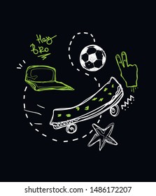 Dude t shirt design on black background with guys clothes and sport elements.