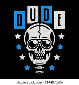 Dude. Vintage white skull with glasses. Cool colorful print for t-shirt. Bizarre dead head. Retro design. 