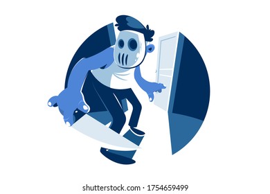 Dude wearing hockey mask, vector illustration. Thief with sharp knife, flat style. Sneaking and unfriendly outlaw male person in strangers apartment. Criminal problem concept. Isolated on white