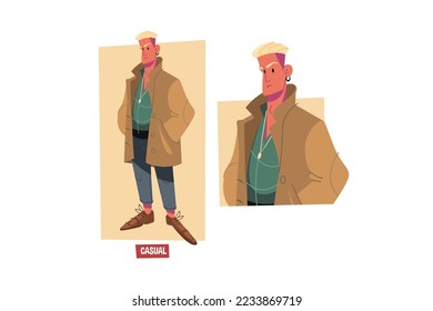 Dude wearing stylish casual clothes vector illustration. Man in fashion trousers, shirt and coat flat style concept