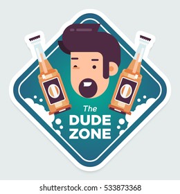 The dude zone funny art sticker with the face of a young man and two bottles of beer. The dude zone concept. Vector flat design. 