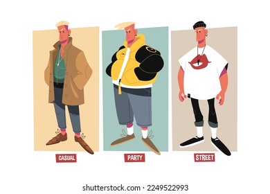 Dudes in casual style clothes set vector illustration. Casual, party and street style of clothes flat concept. Fashion idea