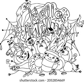 Dudling Hello Autumn. Characters with eyes. Pumpkins with emotions, spider web, leaves, coffee, donut. Linear vector drawing.