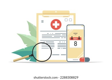 Due date checking health application concept, Smartphone with calendar, magnifying glass on isolated background, Digital marketing illustration.