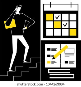 Due date - flat design style vector illustration. Black, yellow and white composition with businessman going up the stairs, images of calendar with picked days, notebook with pencil. Time management