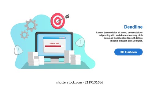 Due Date, Task Target Outcome Deadline, Desk Table With PC Desktop Full With Document Paper Pile Concept. 3D Cartoon Vector Illustration