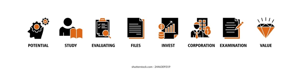 Anuncio de diligencia debida icono de Web concepto de Ilustración vectorial con icono de potencial, estudio, evaluación, archivos, invertir, corporación, examen y valor